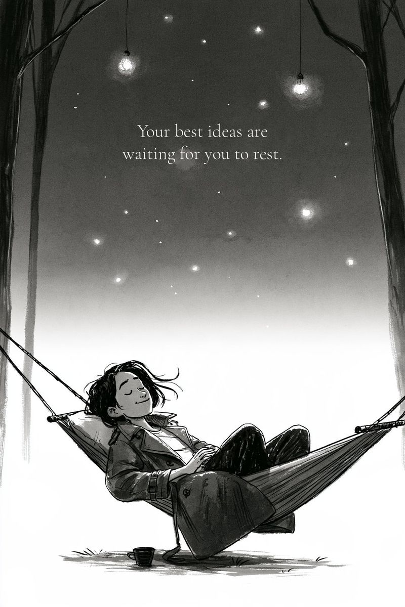 He rests in a hammock under a night sky