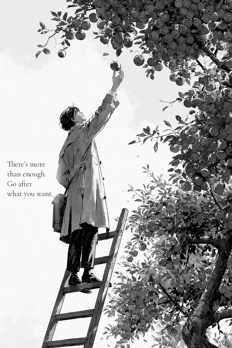 On a ladder in an apple tree, he reaches for one apple