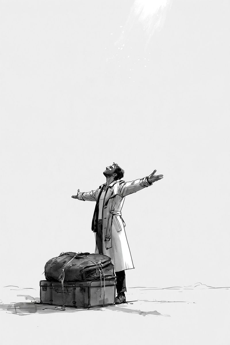 A man in a long trench coat sets down an overstuffed suitcase and opens his arms to the sky