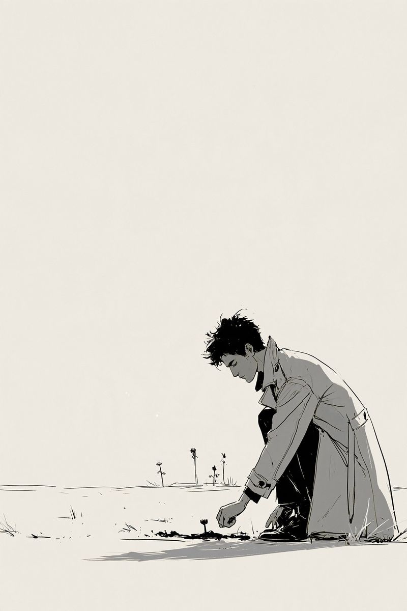 He kneels to plant a seed in a white field