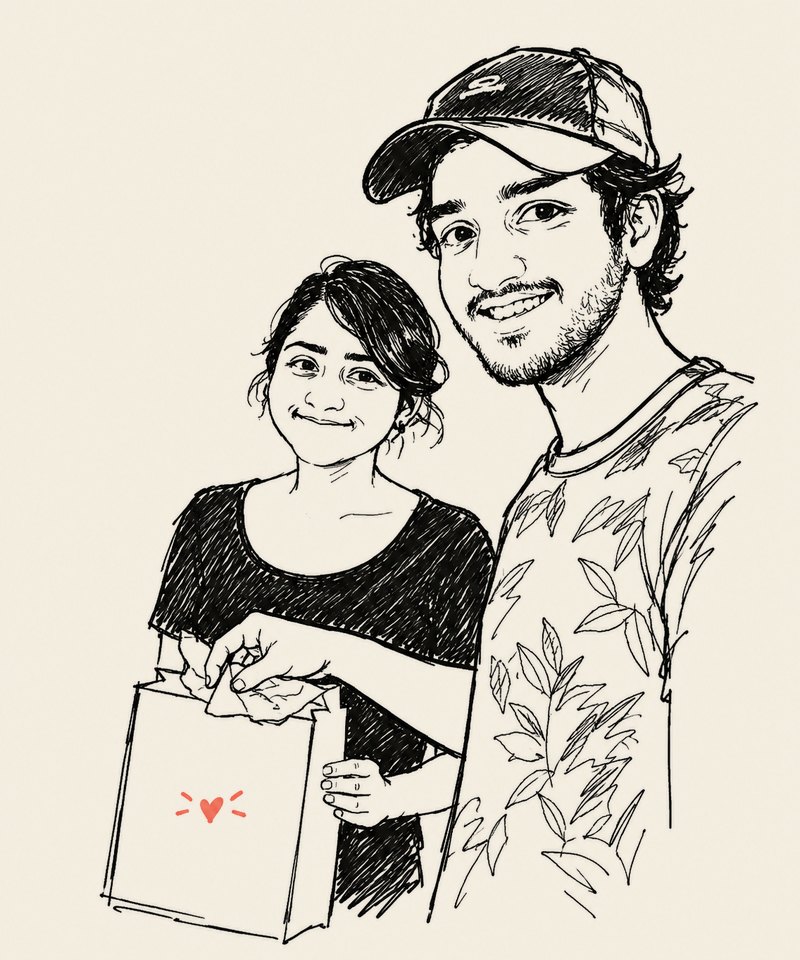 A sketch of Rachael and Jay on the first day of the company
