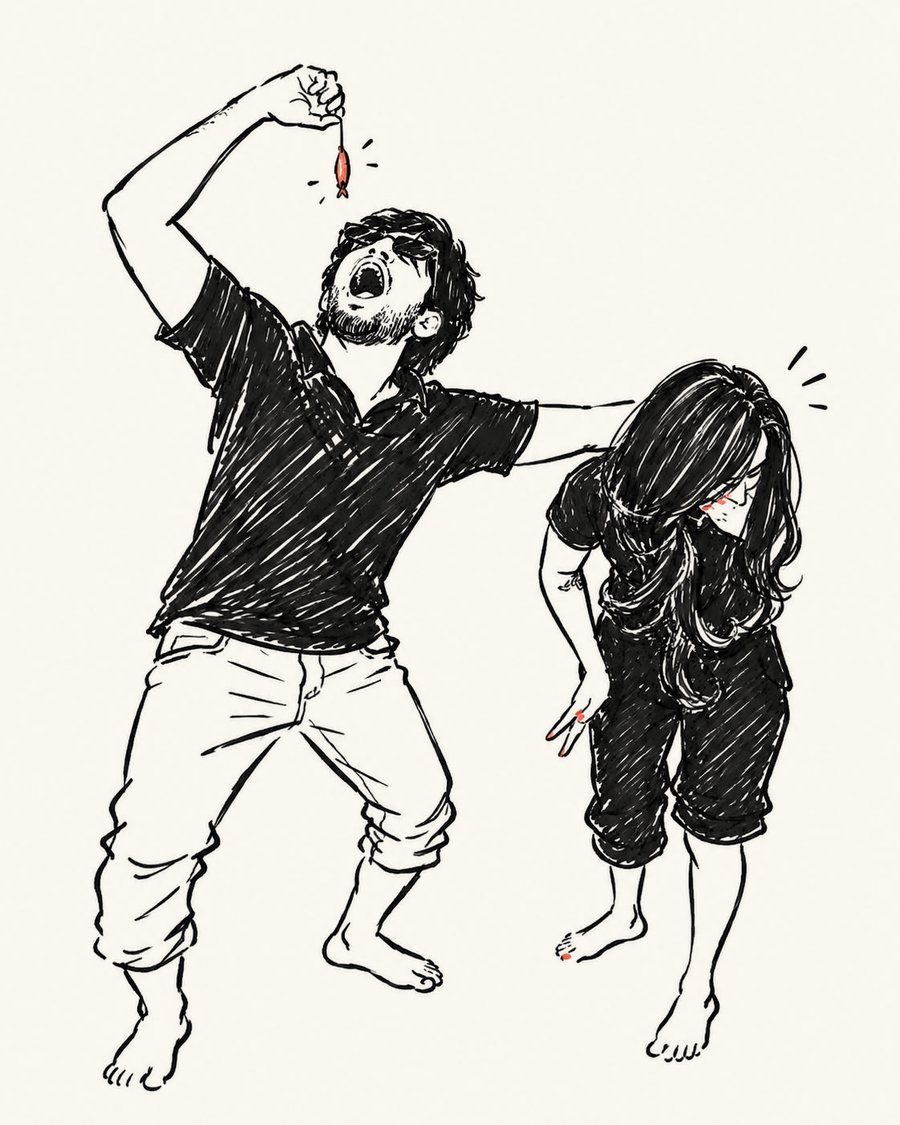 A doodle of Jay pretending to swallow a tiny fish while Rachael doubles over laughing