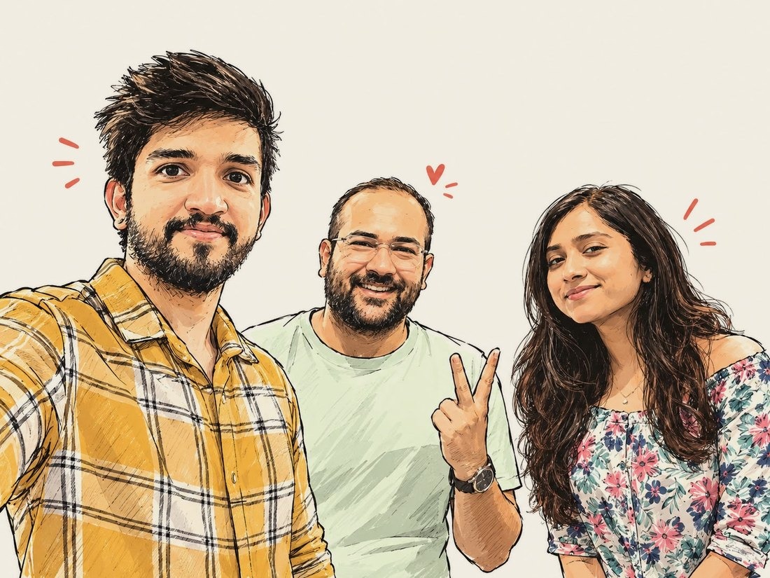 Jay, Adwait and Rachael, drawn as a selfie together